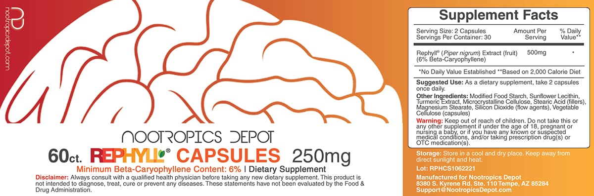 Nootropics Depot Rephyll label highlights beta-caryophyllene content