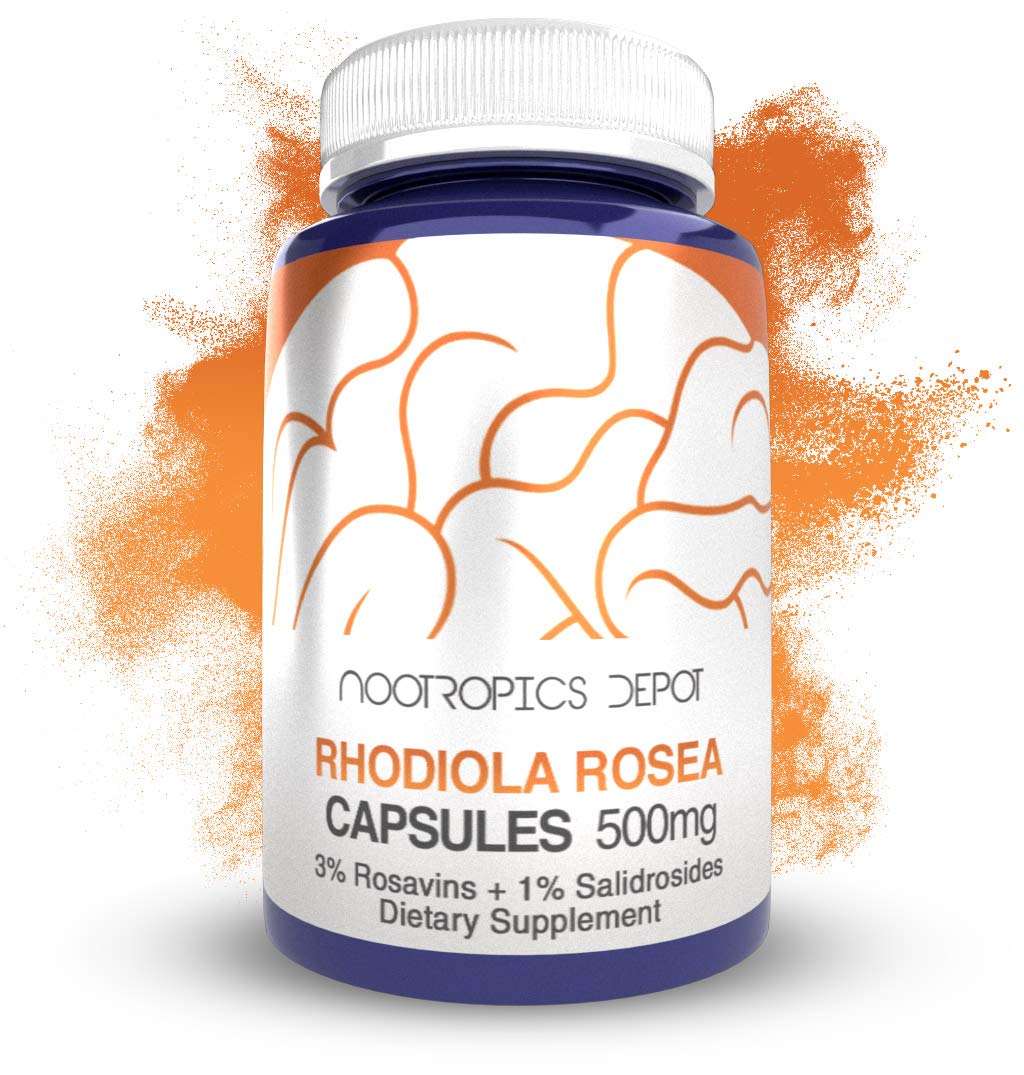 Nootropics Depot Rhodiola Rosea capsules bottle for daily adaptogen support and stress balance.