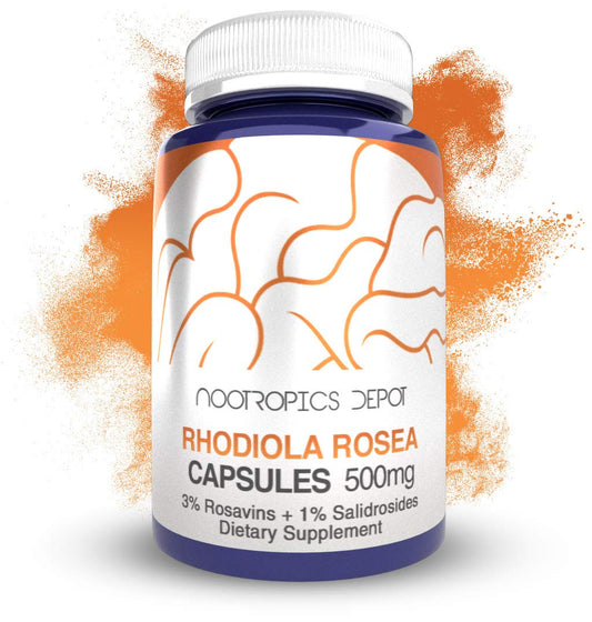 Nootropics Depot Rhodiola Rosea capsules bottle for daily adaptogen support and stress balance.
