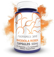 Nootropics Depot Rhodiola Rosea capsules bottle for daily adaptogen support and stress balance.