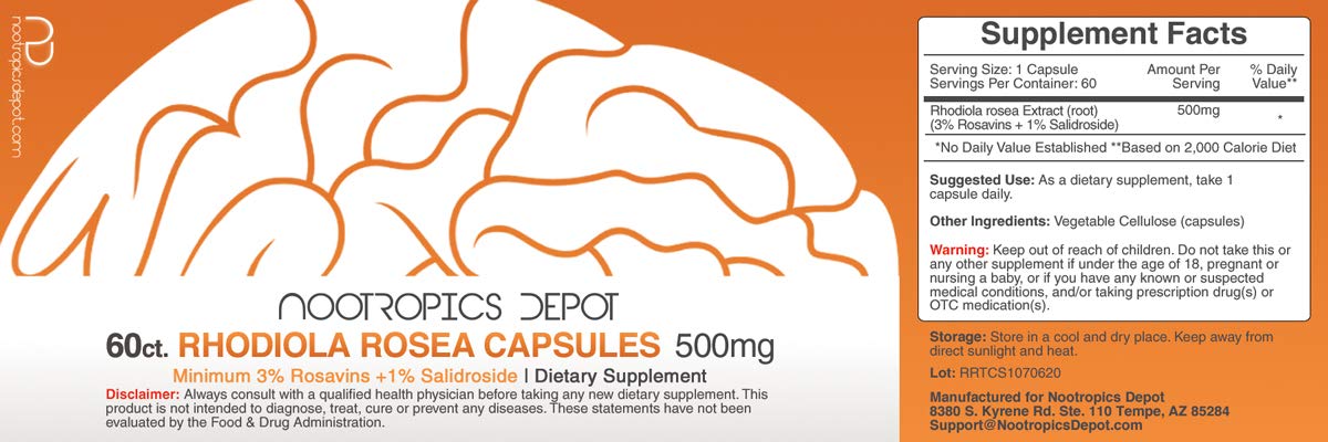 Nootropics Depot Rhodiola Rosea capsules label highlights Rosavins and potency per capsule.