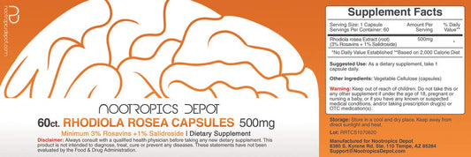 Nootropics Depot Rhodiola Rosea capsules label highlights Rosavins and potency per capsule.