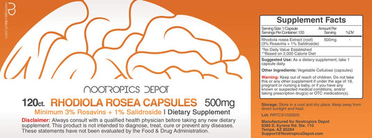 Nootropics Depot Rosavins 3% detail label image for enhanced adaptogenic clarity