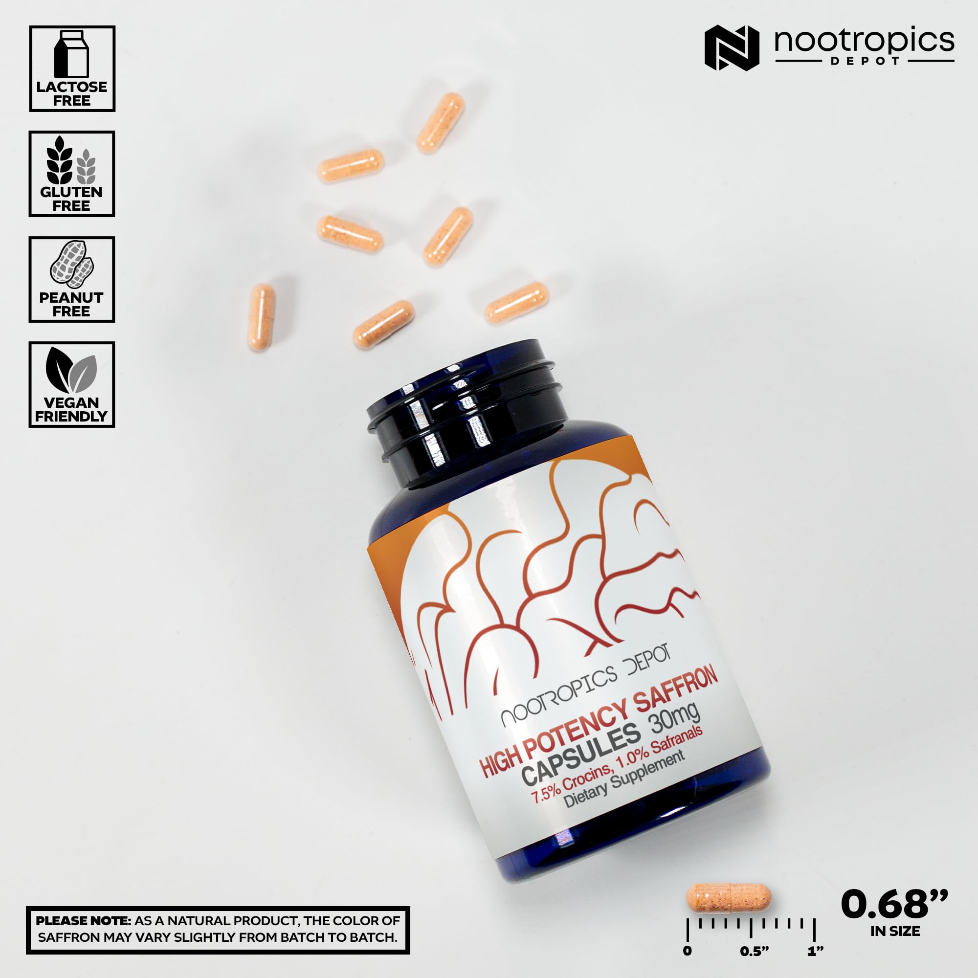 Nootropics Depot saffron capsules pour scene suggesting convenient daily use.