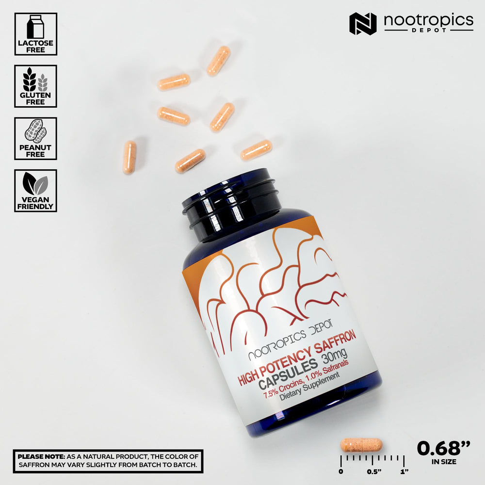 Nootropics Depot saffron capsules pour scene suggesting convenient daily use.