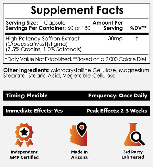 Nootropics Depot saffron capsules bottle pour highlighting easy daily use.