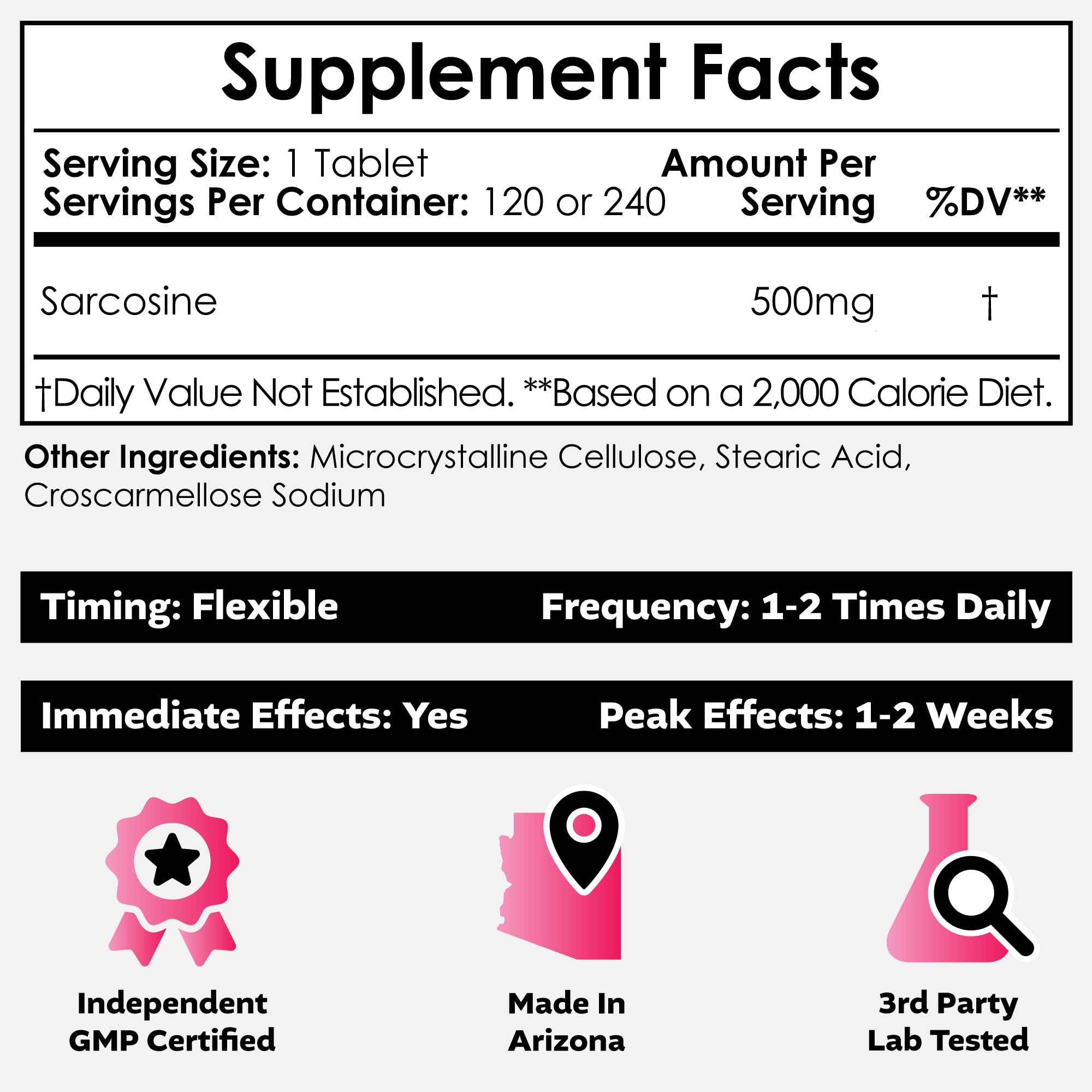 Nootropics Depot Sarcosine tablets 500mg label close-up – supports cognitive function