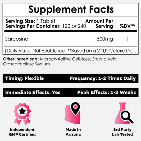 Nootropics Depot Sarcosine tablets 500mg label close-up – supports cognitive function