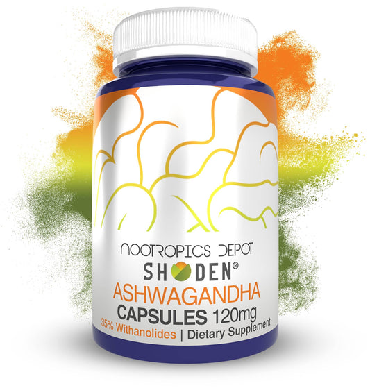 Nootropics Depot Shoden bottle front shows potent Ashwagandha extract for daily balance.