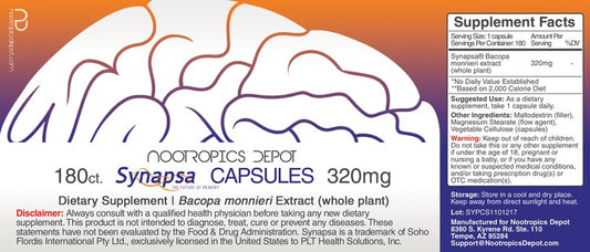 Nootropics Depot Synapsa Bacopa label close-up highlighting standardized whole plant extract for memory support.