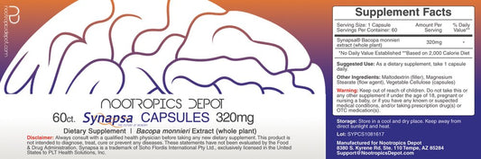 Nootropics Depot Synapsa Bacopa capsules closeup showing texture for daily cognitive support