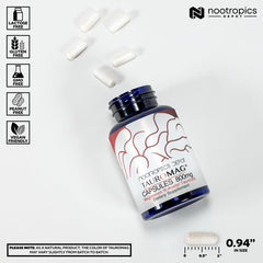 Nootropics Depot Tauromag capsules closeup focusing on cognitive support and stress relief