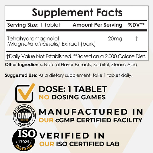 Closeup of Tetrahydromagnolol tablet highlighting 20 mg dosage and format