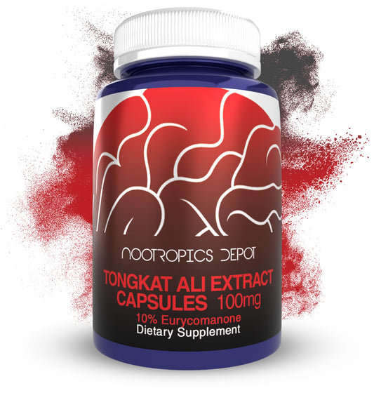 Nootropics Depot Tongkat Ali 100mg capsules in bottle for energy support