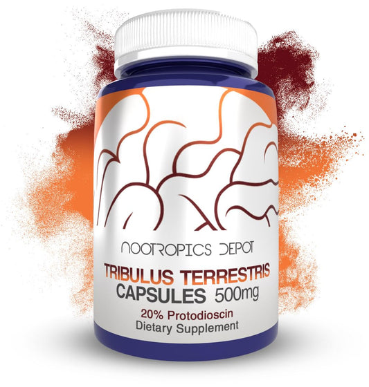 Nootropics Depot Tribulus extract bottle on shelf highlighting potency and quality.