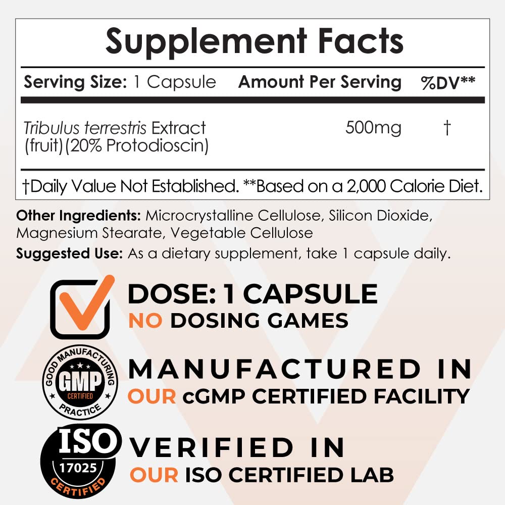 Tribulus label focus emphasizing 20 percent protodioscin content.