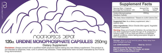 Uridine Monophosphate capsules label with dosage information for informed supplementation