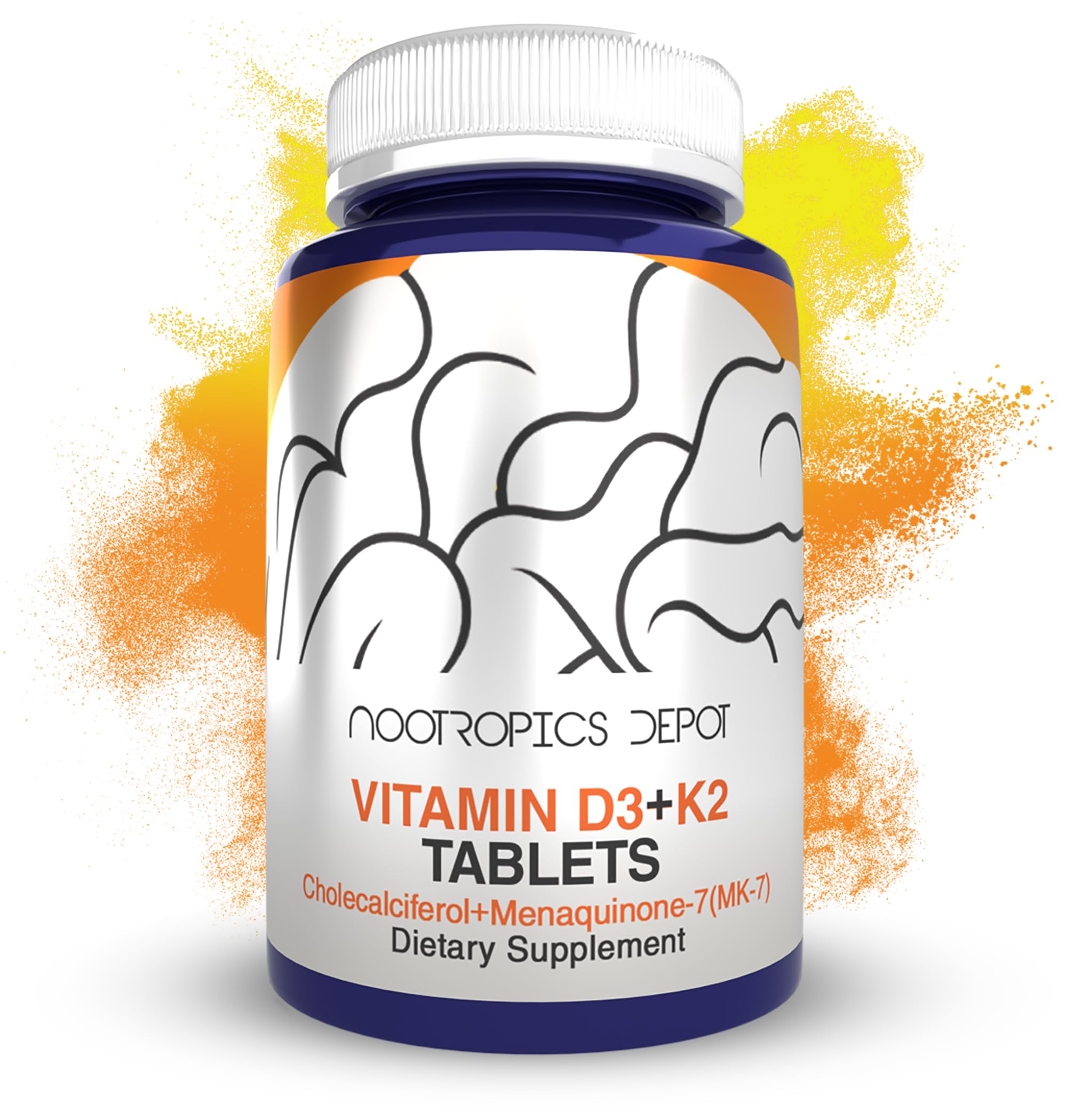 Nootropics Depot vitamin D3 + K2 + C bottle front for daily wellness.