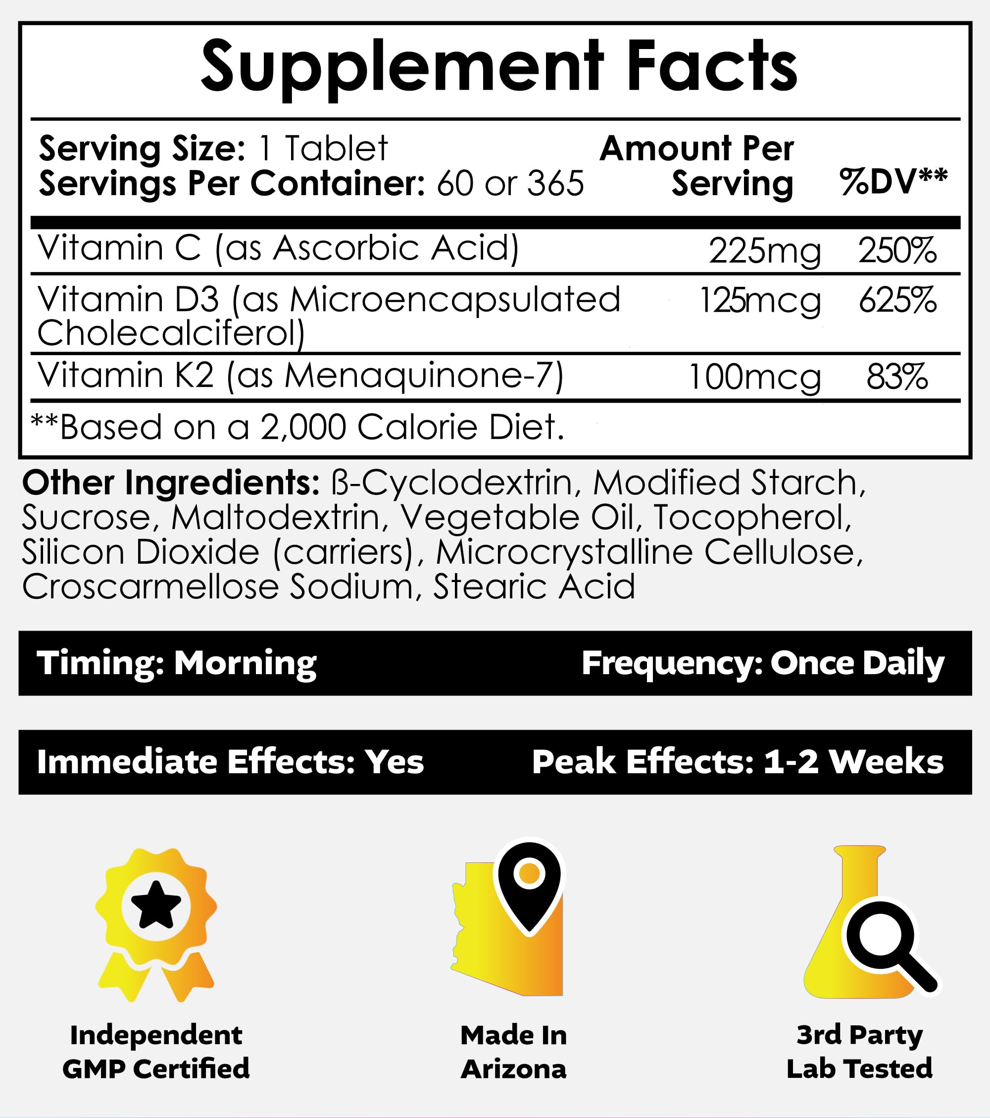 Nootropics Depot vitamin D3 + K2 + C tablets close-up showing tablet form.