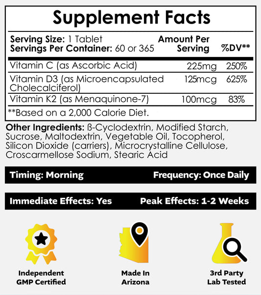 Nootropics Depot vitamin D3 + K2 + C tablets close-up showing tablet form.