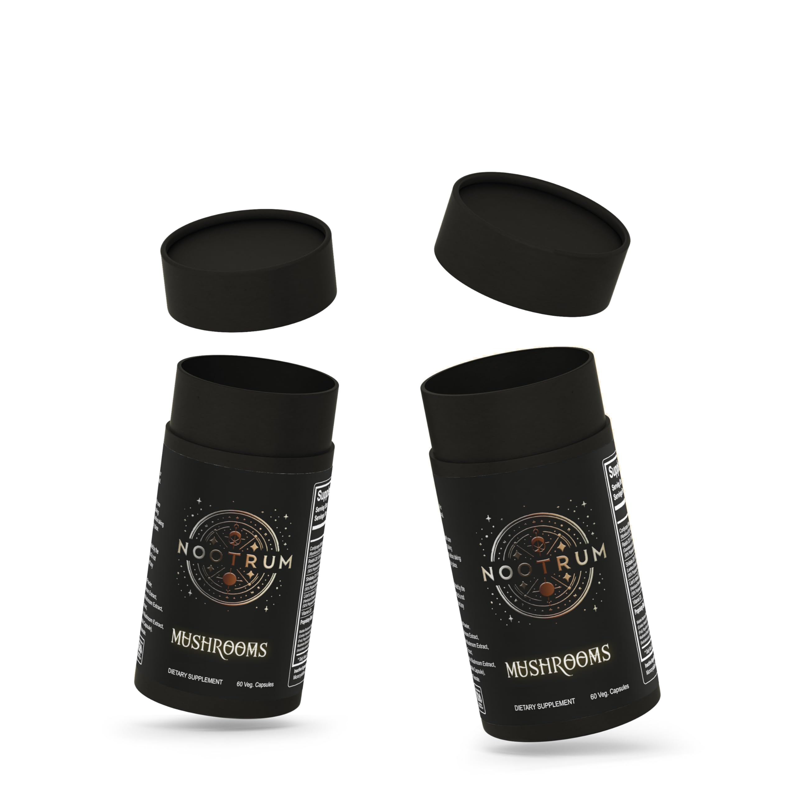 Nootrum Mushrooms label close-up highlighting standardized extracts and quality.