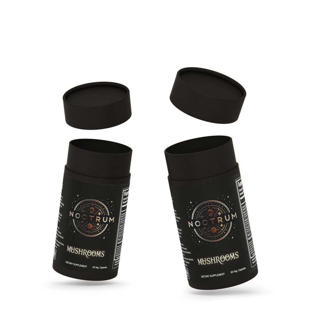 Nootrum Mushrooms label close-up highlighting standardized extracts and quality.
