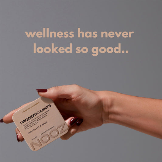 NOOZ Probiotic Mints chocolate mint piece highlighting flavor and probiotic blend