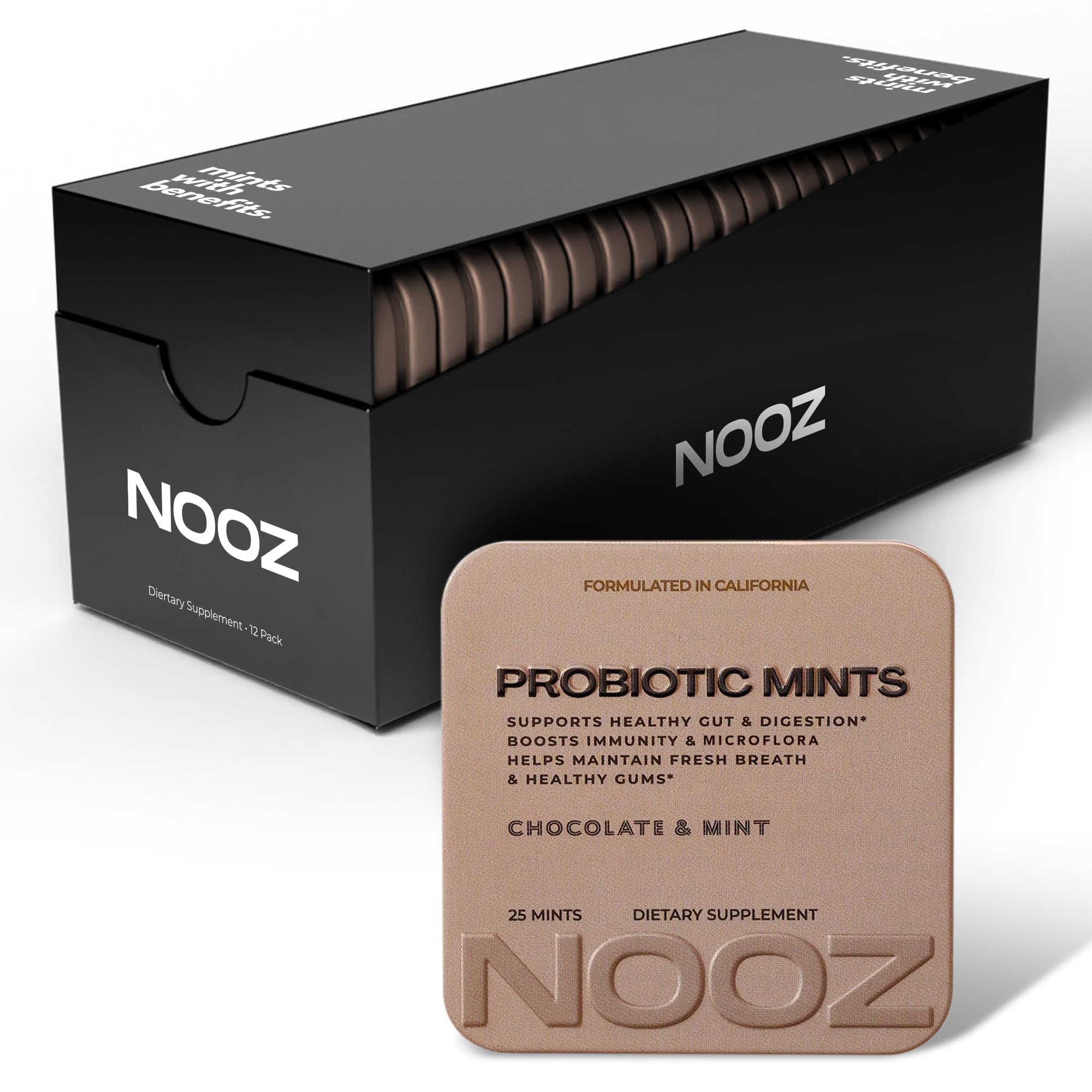NOOZ Probiotic Mints tin front showcasing portable wellness on the go