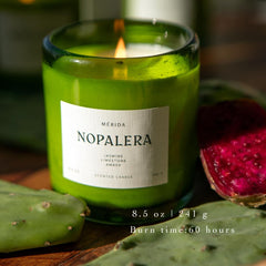 Nopalera Merida Candle amber-musk-cedarwood glow adds warm ambiance for evenings.