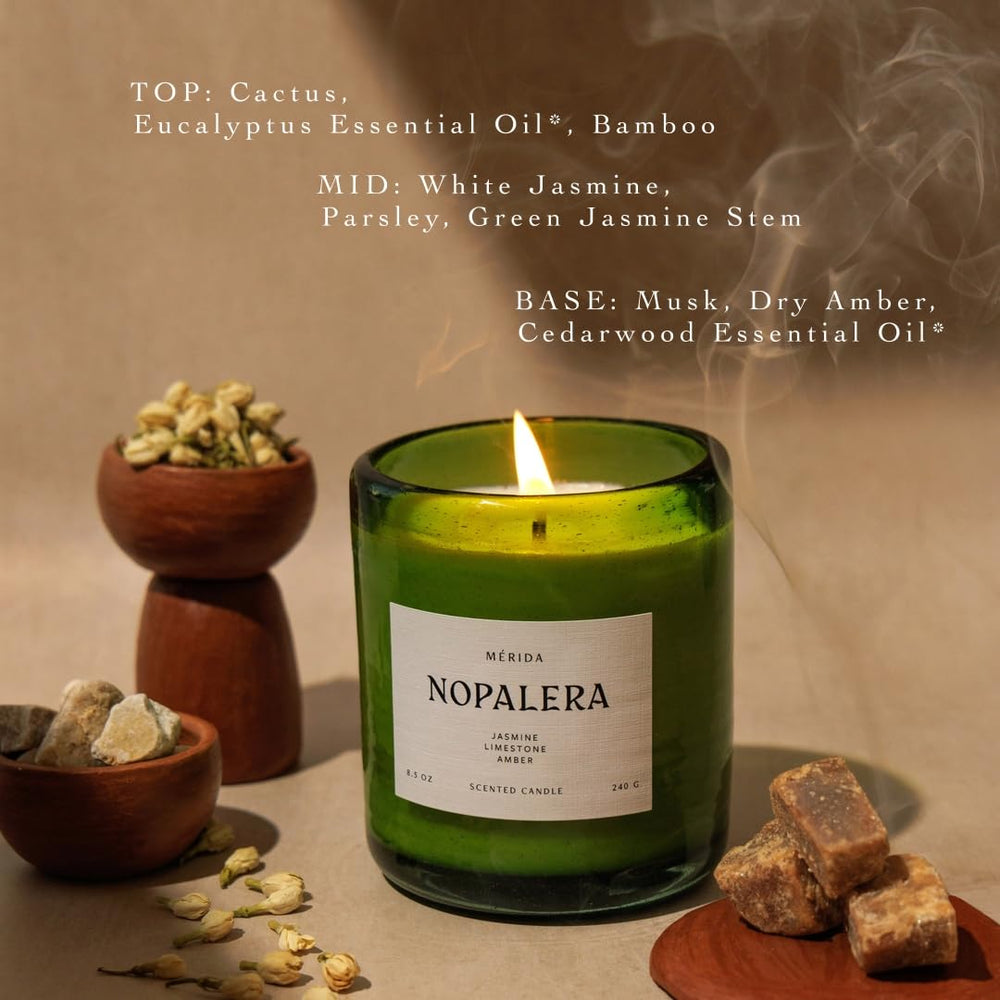 Nopalera Merida Candle cactus-eucalyptus-jasmine bloom evokes fresh notes for a calming space.