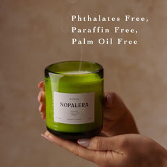 Nopalera Merida Candle glass jar with label signals premium toxin-free fragrance for home.