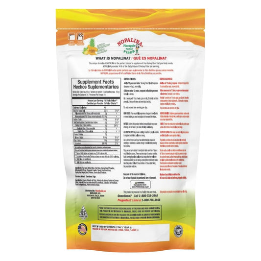 Nopalina Fiber Formula Pineapple back label shows ingredients and usage guidance.