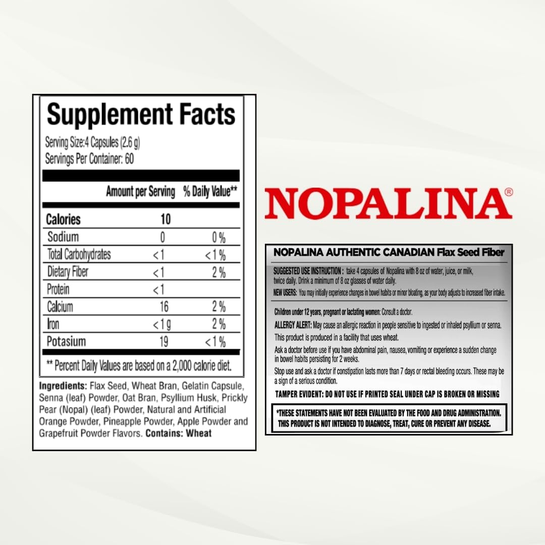 Nopalina Flax Seed Plus Capsules open bottle showing capsules ready to take.