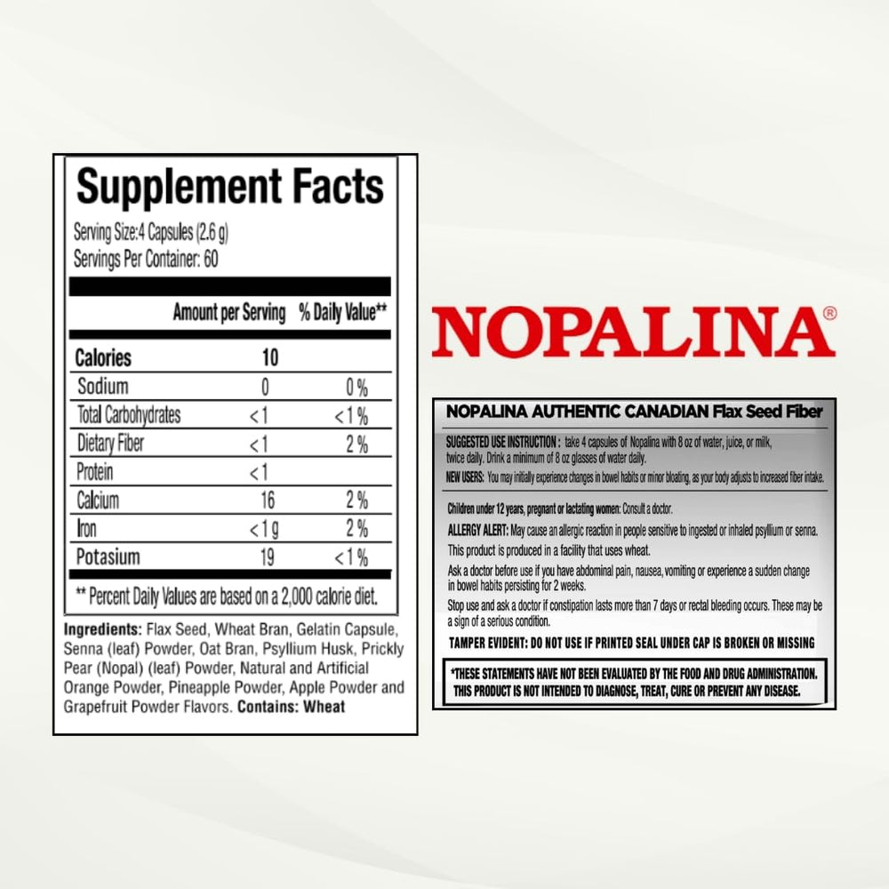 Nopalina Flax Seed Plus Capsules open bottle showing capsules ready to take.