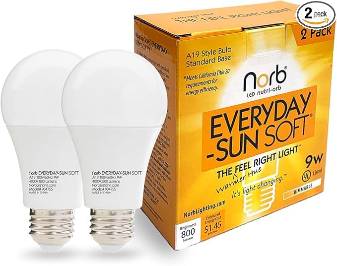 Norb Everyday Sun Soft 9W bulb lit for natural daylight at home.