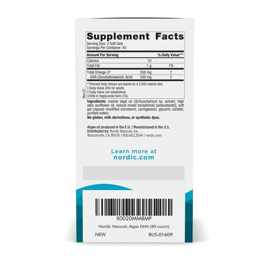 Nordic Naturals Algae DHA bottle front highlighting vegan omega-3