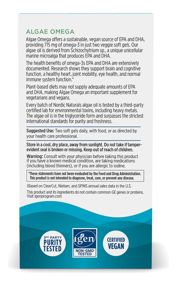 Nordic Naturals Algae Omega purity testing label emphasizes safety and freshness.