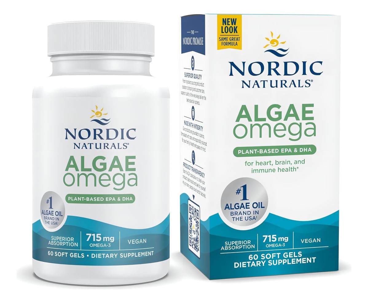 Nordic Naturals Algae Omega softgels bottle supports daily plant-based omega-3 intake.