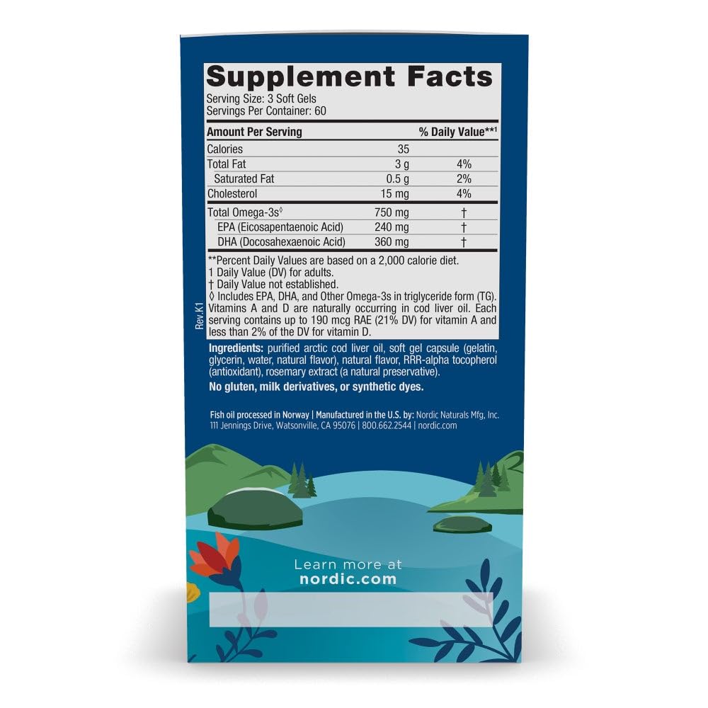 Nordic Naturals Arctic Cod Liver Oil lemon bottle side view — highlights lemon flavor.