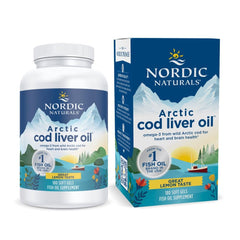 Nordic Naturals Arctic Cod Liver Oil lemon bottle — supports heart health.