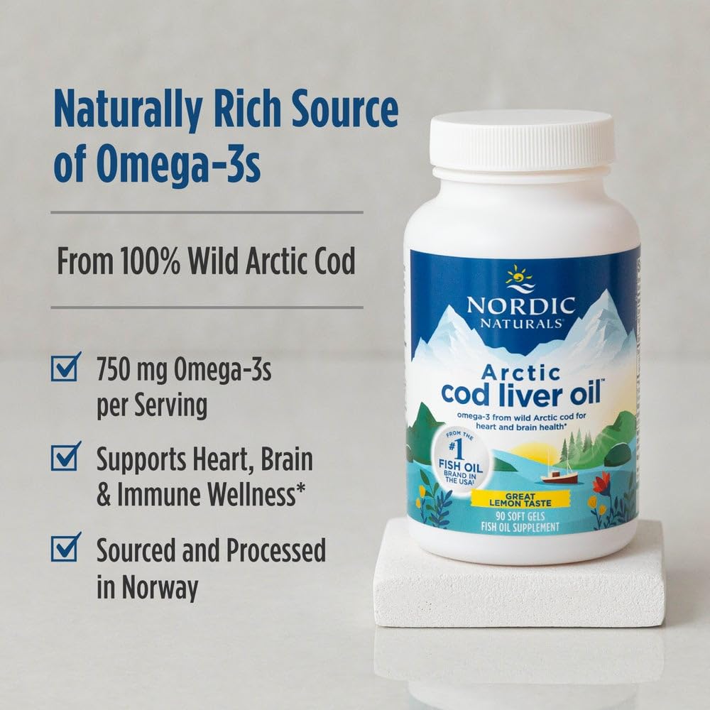 Nordic Naturals Arctic Cod Liver Oil lemon bottle — FOS-certified purity and sourcing.