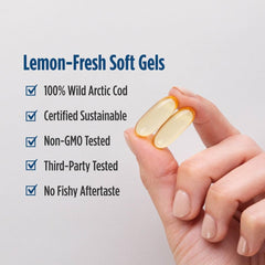 Nordic Naturals Arctic Cod Liver Oil lemon packaging — eco-friendly messaging.