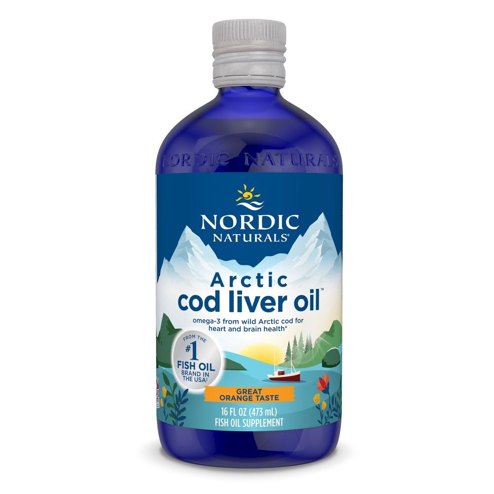 Nordic Naturals Arctic Cod Liver Oil orange bottle shown, supports heart and brain health