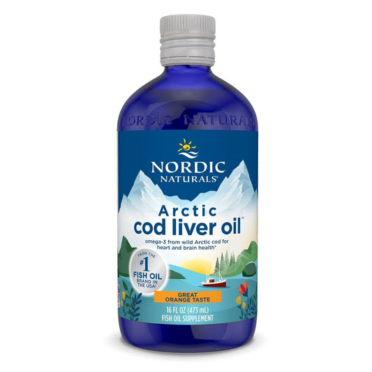 Nordic Naturals Arctic Cod Liver Oil orange bottle shown, supports heart and brain health