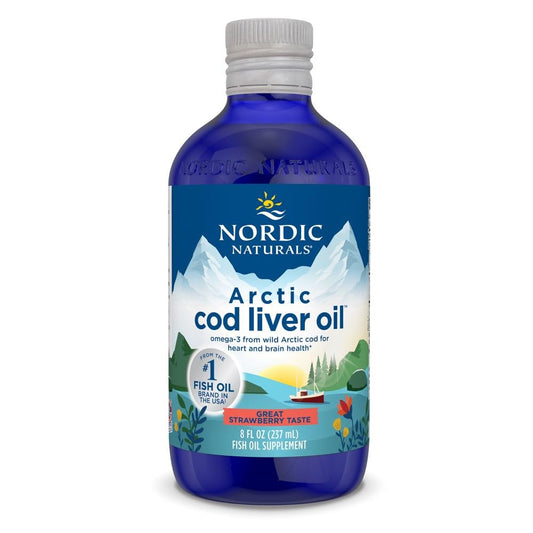 Nordic Naturals Arctic Cod Liver Oil Strawberry bottle highlighting 1060 mg omega-3s per serving