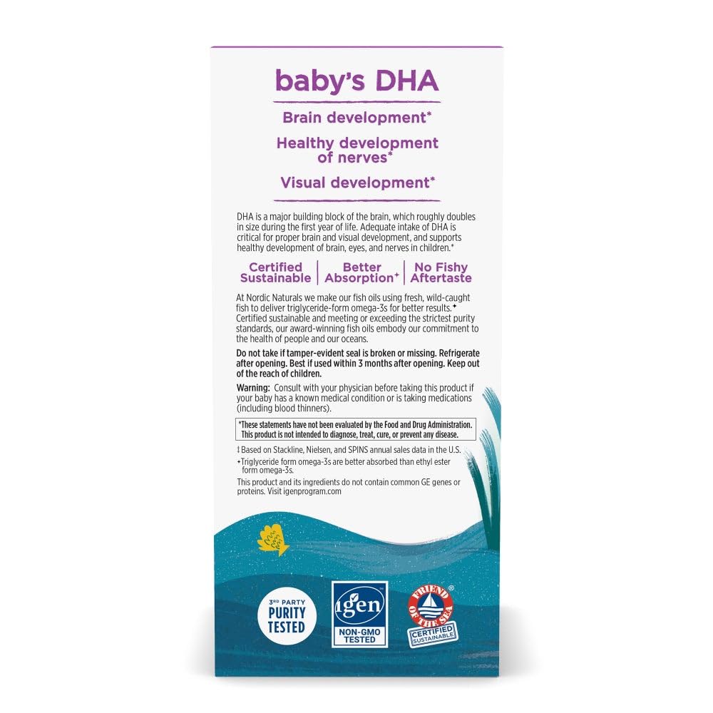 Closeup of Nordic Naturals Baby's DHA label, highlighting purity.
