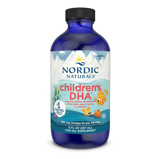 Nordic Naturals Children’s DHA orange bottle pour for easy daily dosing and omega-3 intake