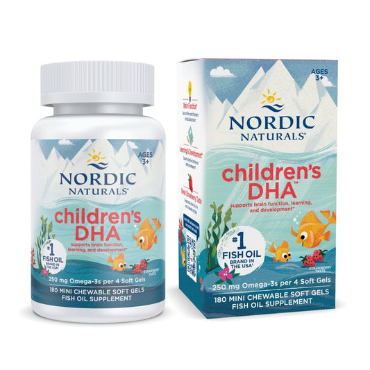 Nordic Naturals Children's DHA strawberry bottle showing kid-friendly omega-3 for daily use