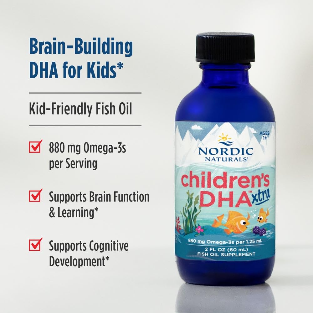 Nordic Naturals omega-3 supplement beside a school backpack for kids