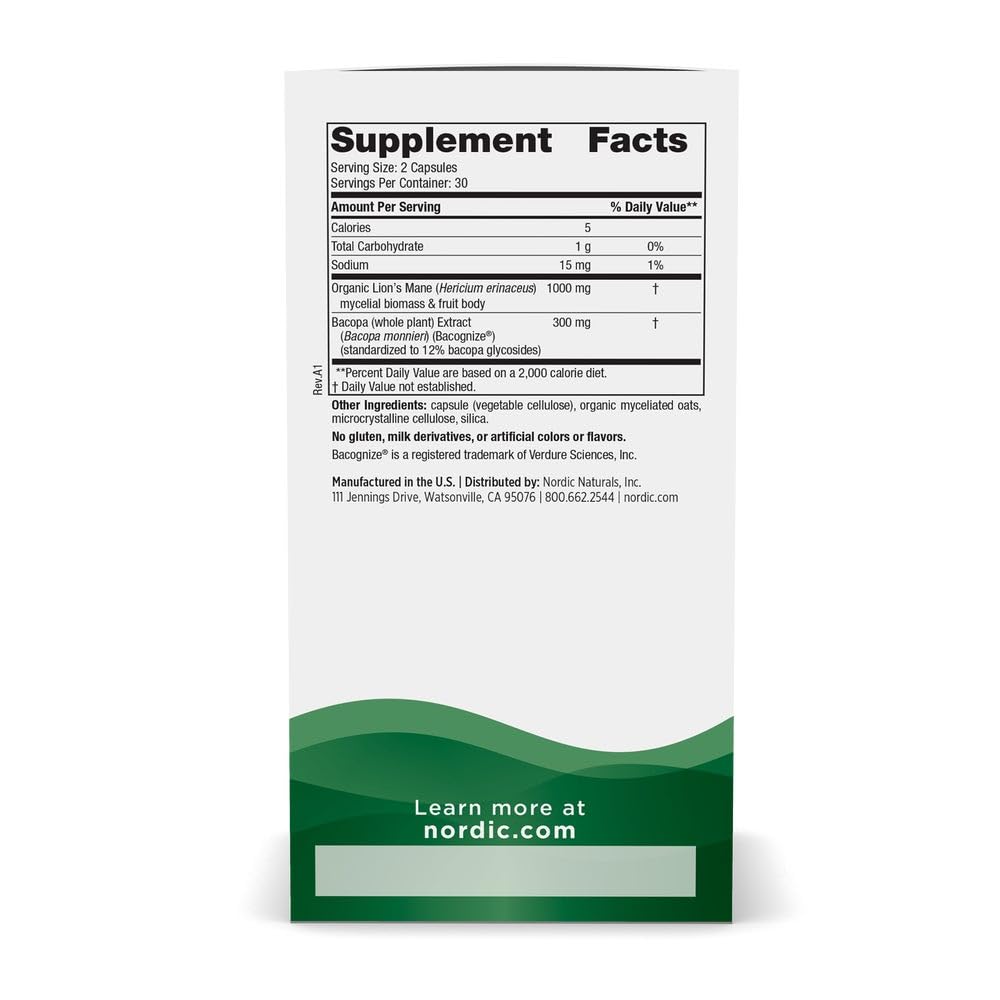 Nordic Naturals Cognition Mushroom Complex ingredients feature Lion’s Mane and Bacopa for focus support.